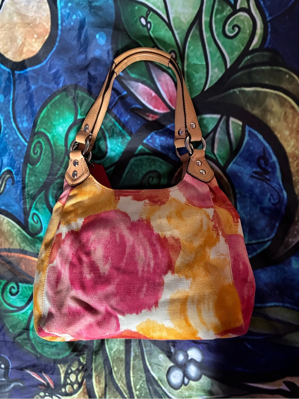 Coach Floral Canvas Hobo Bag in Pink, Yellow & Tan - Picture 2 of 6